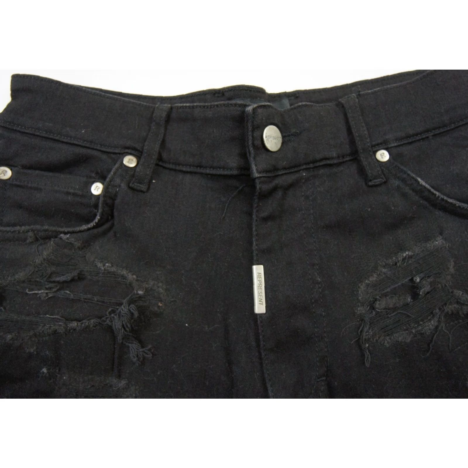 Vintage Represent Mens Denim Shorts 30 Black Shredded Distressed Stretch Cotton Spandex Mens Size US 30 / EU 46 - 2 Thumbnail