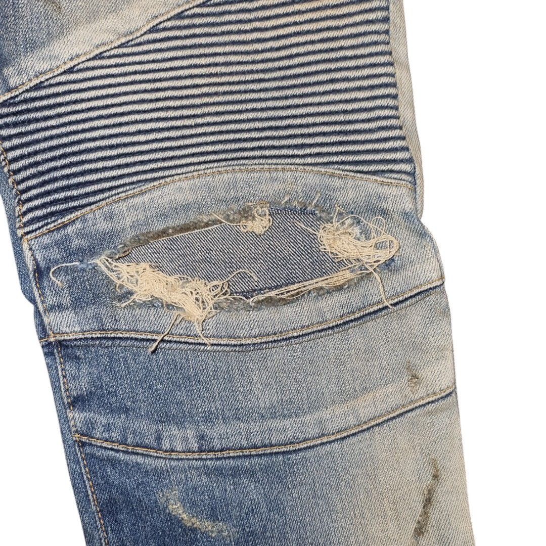Balmain SS18 BALMAIN Paris Light Wash Distressed Biker Jeans Size US 33 - 4 Thumbnail