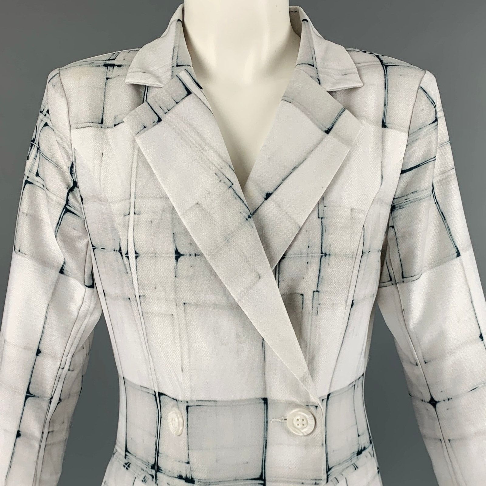 Other SIMON CHANG Size 6 White Grey Polyester Blend Squares Jacket Size M / US 6-8 / IT 42-44 - 2 Thumbnail
