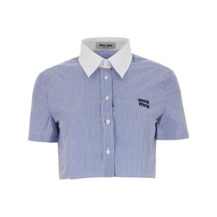 Miu Miu Miu Miu Blue Striped Embroidered Cropped Shirt 0079 Size S / US 4 / IT 40 - 1 Thumbnail