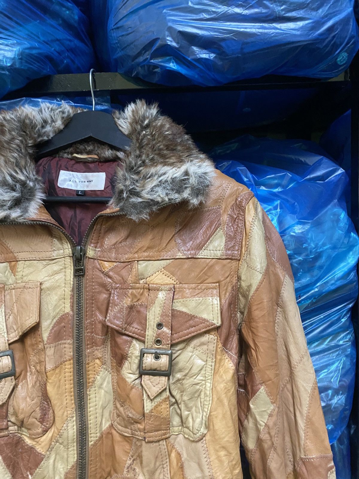 Japanese Brand Patchwork Leather Faux Fur Collar - “ALL THE WAY” Distressed Size M / US 6-8 / IT 42-44 - 6 Thumbnail