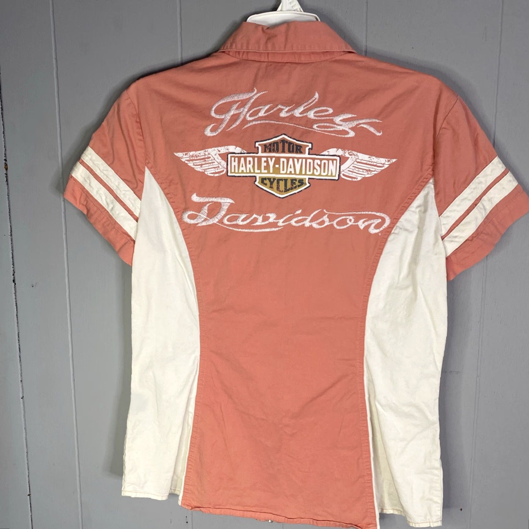 Harley Davidson VTG Y2K HARLEY-DAVIDSON GENUINE MOTORS ORANGE WHITE ZIP-UP SHIRT M Womens V-Neck Short Sleeve Slim Fit Cotton Blend Embroidered Zip Vintage: Yes Size M / US 6-8 / IT 42-44 - 7 Thumbnail