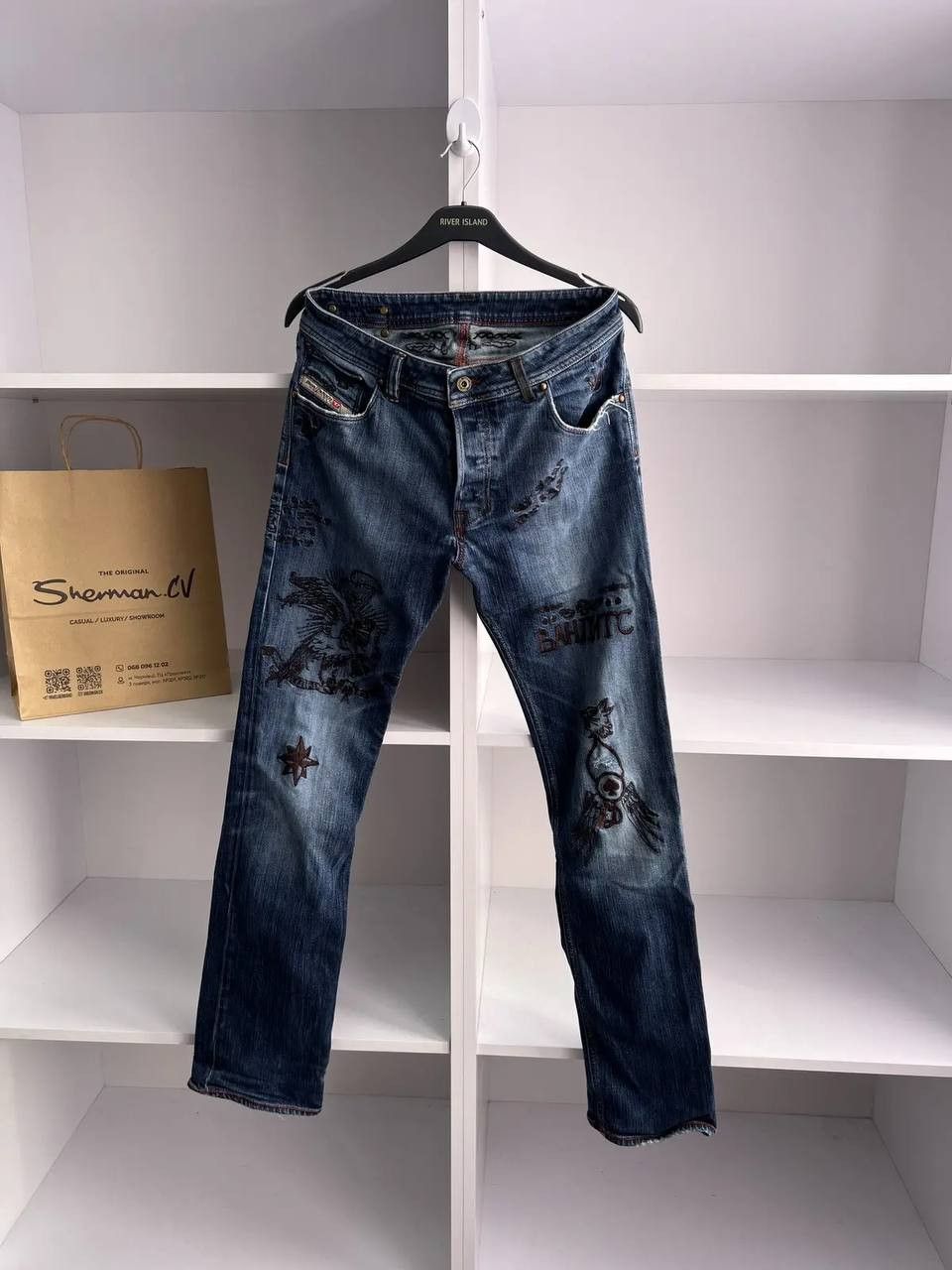 Designer × Diesel × Vintage RARE Y2K Criminal Bandit Embroidered Tattoo Denim Jeans Size US 32 / EU 48 - 2 Thumbnail