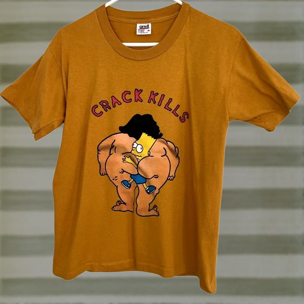 Anvil VINTAGE Crack Kills Bart Simpson Shirt Medium Mens Tan 90s USA Anvil Single Stitch Size M Size US M / EU 48-50 / 2 - 1 Thumbnail