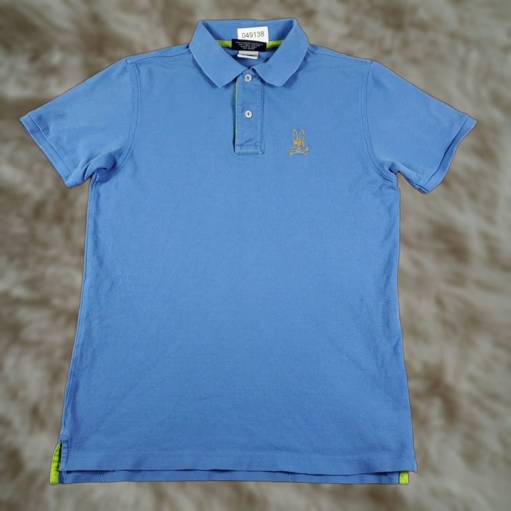 VINTAGE Psycho Bunny Polo Shirt Mens Size 4 Blue Skull Crossbones Short Sleeve Polo Mens