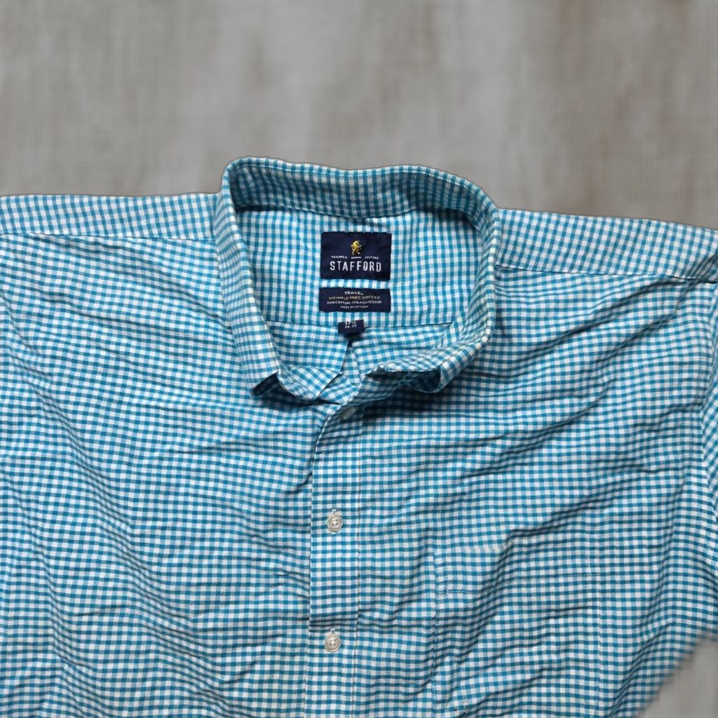 Stafford Stafford Shirt Button-Up Casual Travel 17.5 Blue Checked Long Sleeve Men’s Size 17.5 Regular Cotton Blend Size US XXL / EU 58 / 5 - 1 Thumbnail