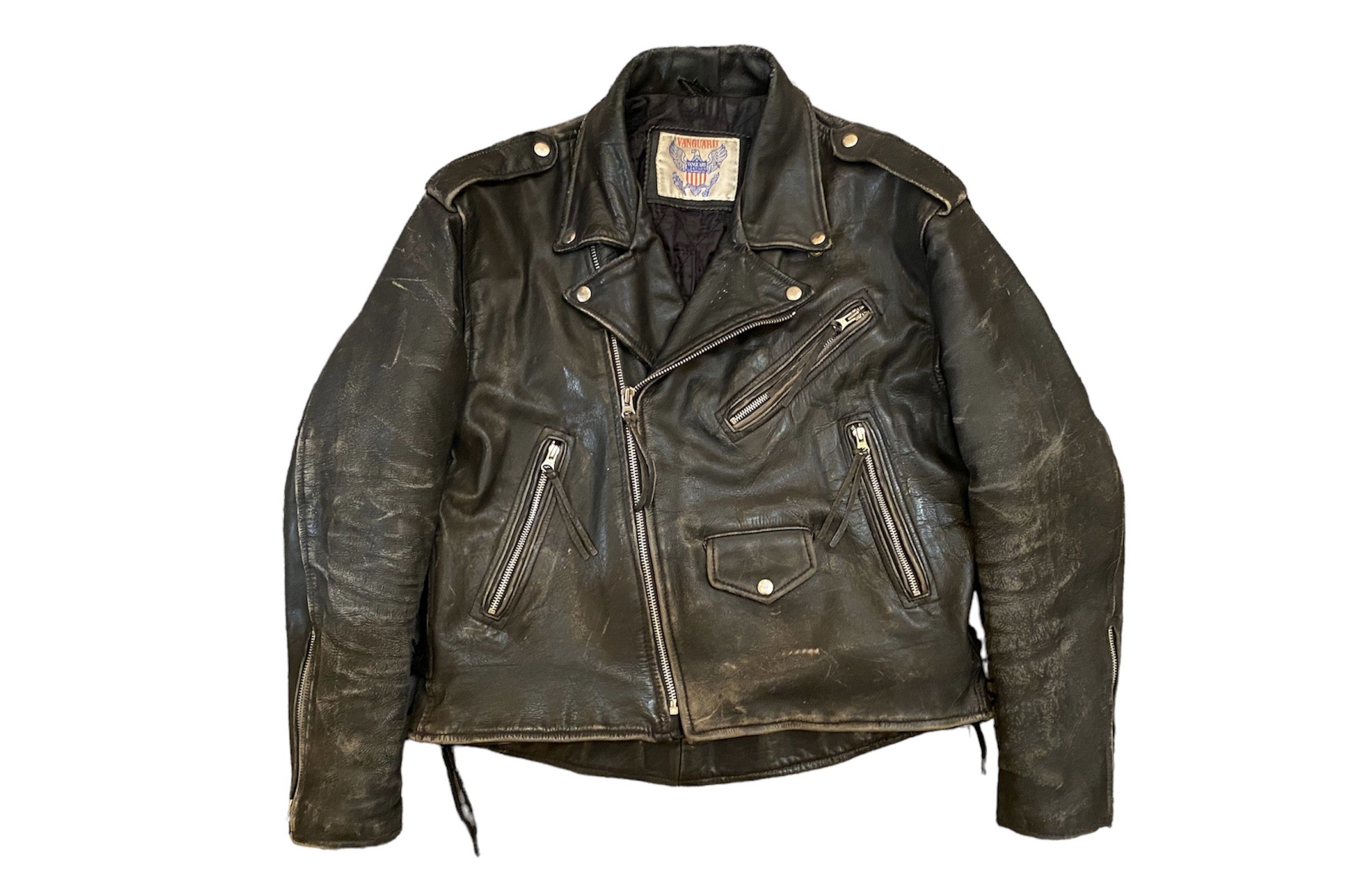 image of Genuine Leather x Leather Jacket Vintage 80's Motorcycle Distressed Leather Biker Jacket in Black D
