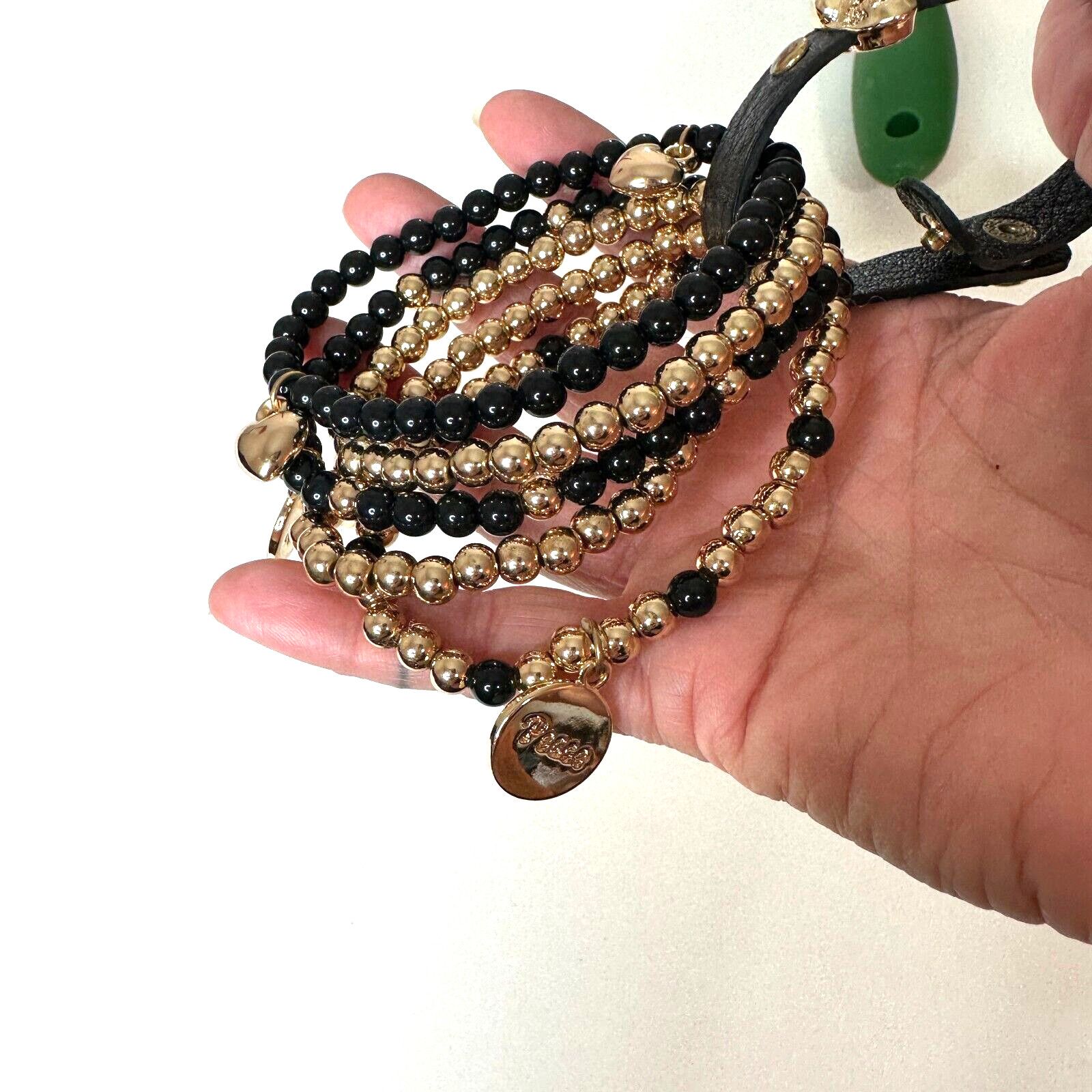 Macys Macy's Black & Gold Skull Heart Peace Bead Leather Bracelet Size ONE SIZE - 6 Thumbnail