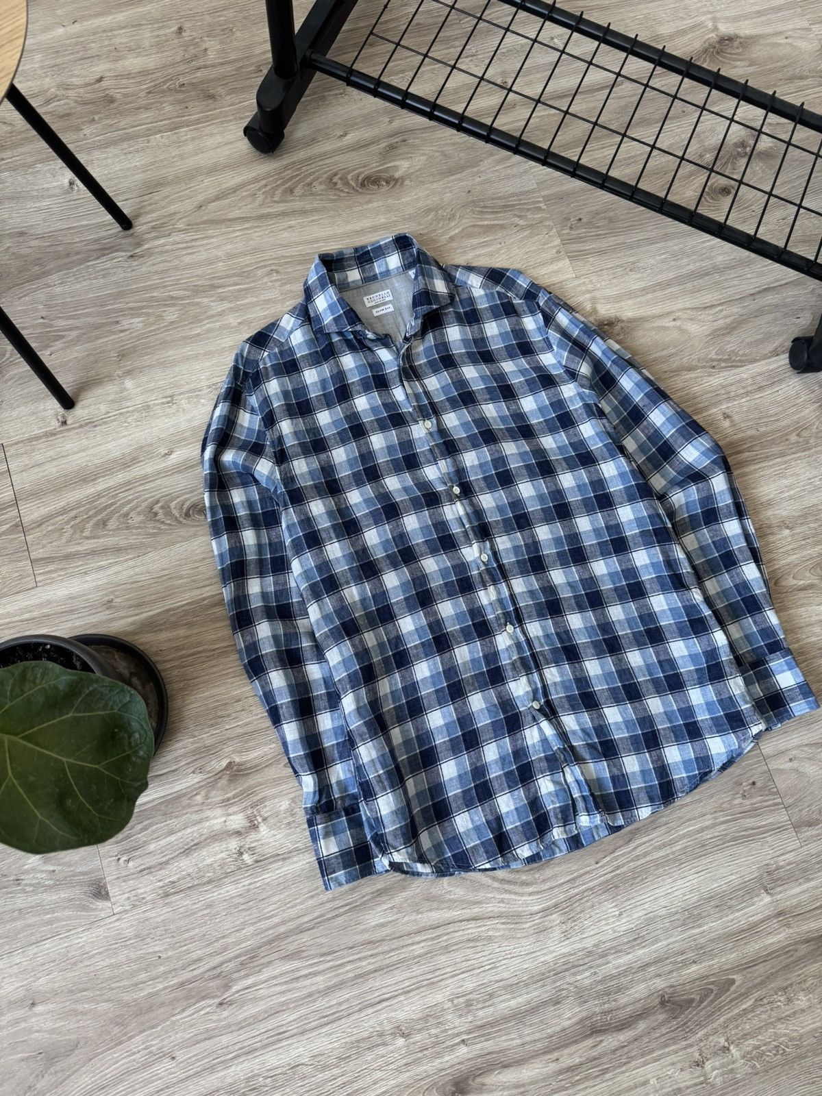 Brunello Cucinelli Brunello Cucinelli Slim Fit Linen Check Button Up Shirt Size US L / EU 52-54 / 3 - 2 Thumbnail