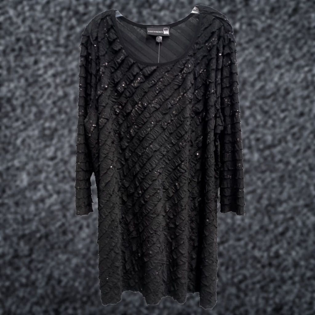 Vintage Antthony Tunic Top Womens 1X Black Ruffle Sequined Whimsygoth Holiday NWT Blouse Long Sleeve Pullover Knit Polyester Spandex Casual Sleeve Ladies Glam Size XL / US 12-14 / IT 48-50 - 1 Thumbnail
