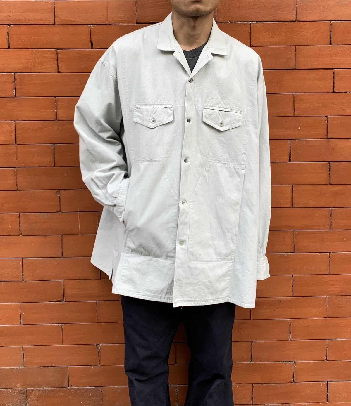 image of Yohji Yamamoto x YS For Men Heavyweight Oversized Cotton Shirt in Light Grey, Men's (Size Large)