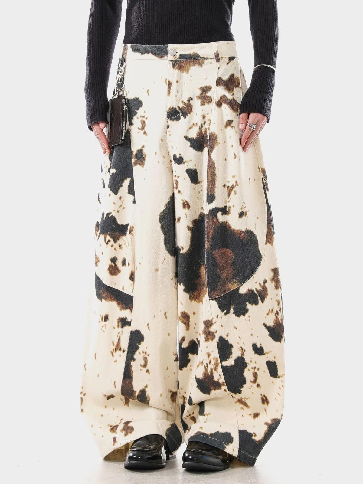 Vintage Cream Cow Print Wide Leg Pants, Baggy Loose Fit Pants Size US 30 / EU 46 - 3 Thumbnail