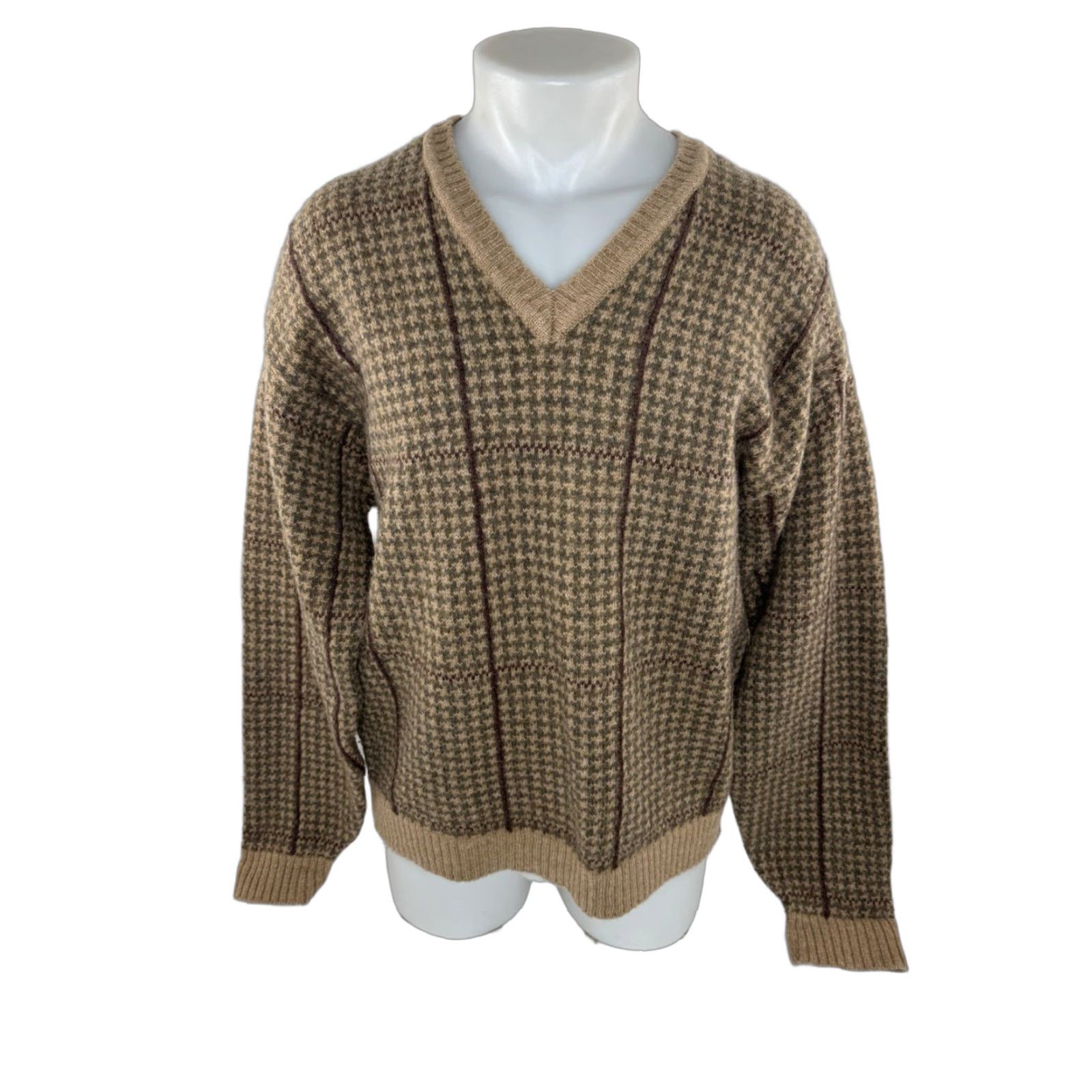 Brooks Brothers Brooks Brothers - Houndstooth Vintage L V-Neck Wool Pullover Sweater - Olive/Tan/Reddish Brown Stripe Mens L Size US L / EU 52-54 / 3 - 1 Thumbnail