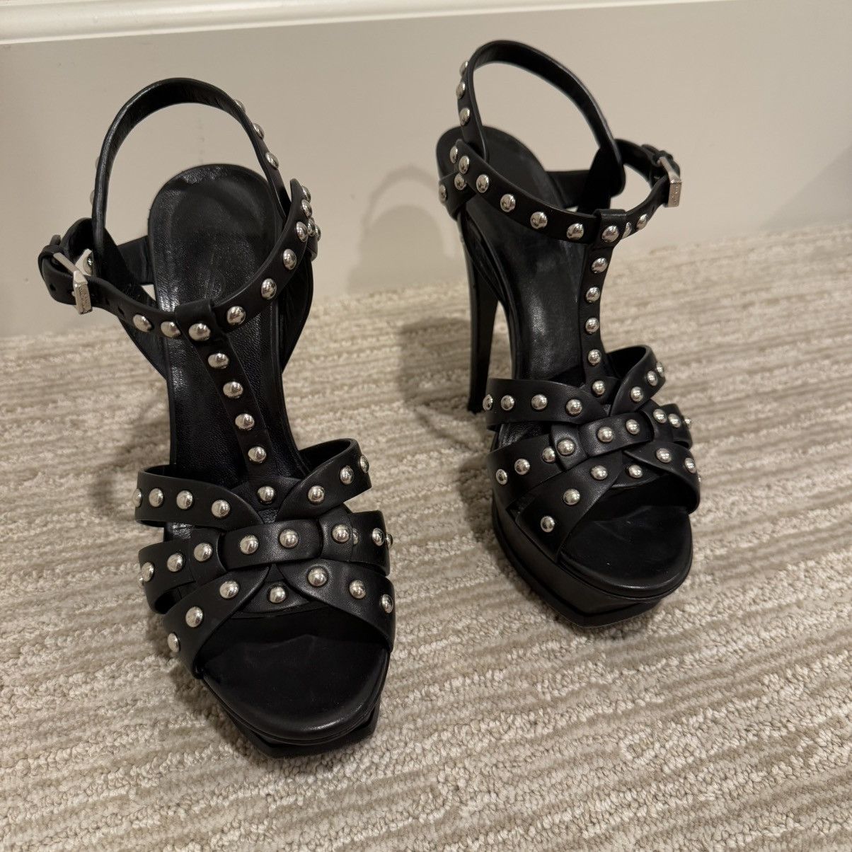 Saint Laurent Paris Saint Laurent Black Leather Studded Tribute Platform Sandals Size US 7.5 / IT 37.5 - 2 Thumbnail