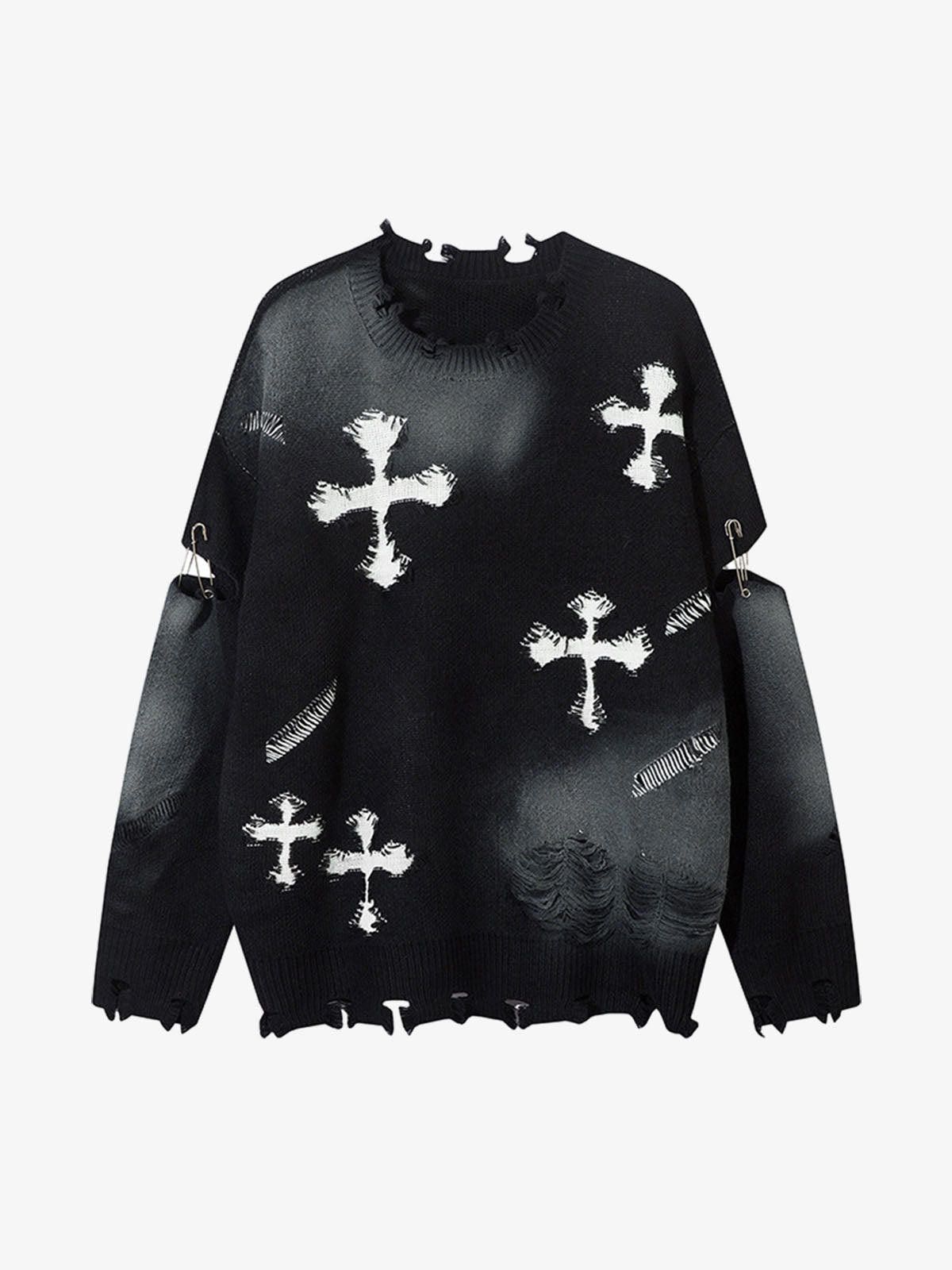 Japanese Brand Gray Distressed Knit Sweater with Cross Design Size US M / EU 48-50 / 2 - 8 Thumbnail