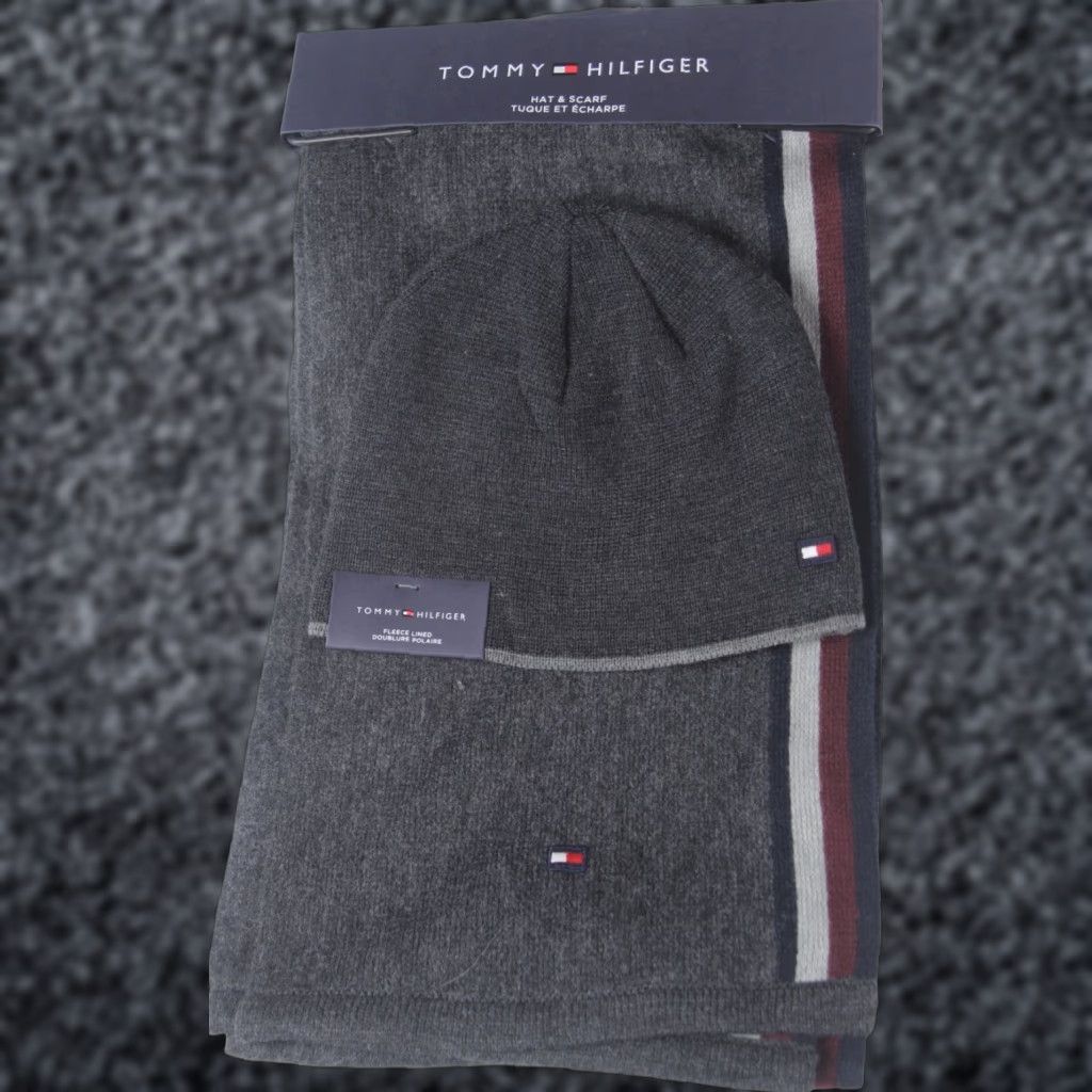Tommy Hilfiger Tommy Hilfiger Scarf Beanie 2 Piece Set NWT Grey Navy Burgundy Unisex Acrylic Solid 68" Scarf 9.5" Beanie Mens Womens Boys Girls Size ONE SIZE - 1 Preview