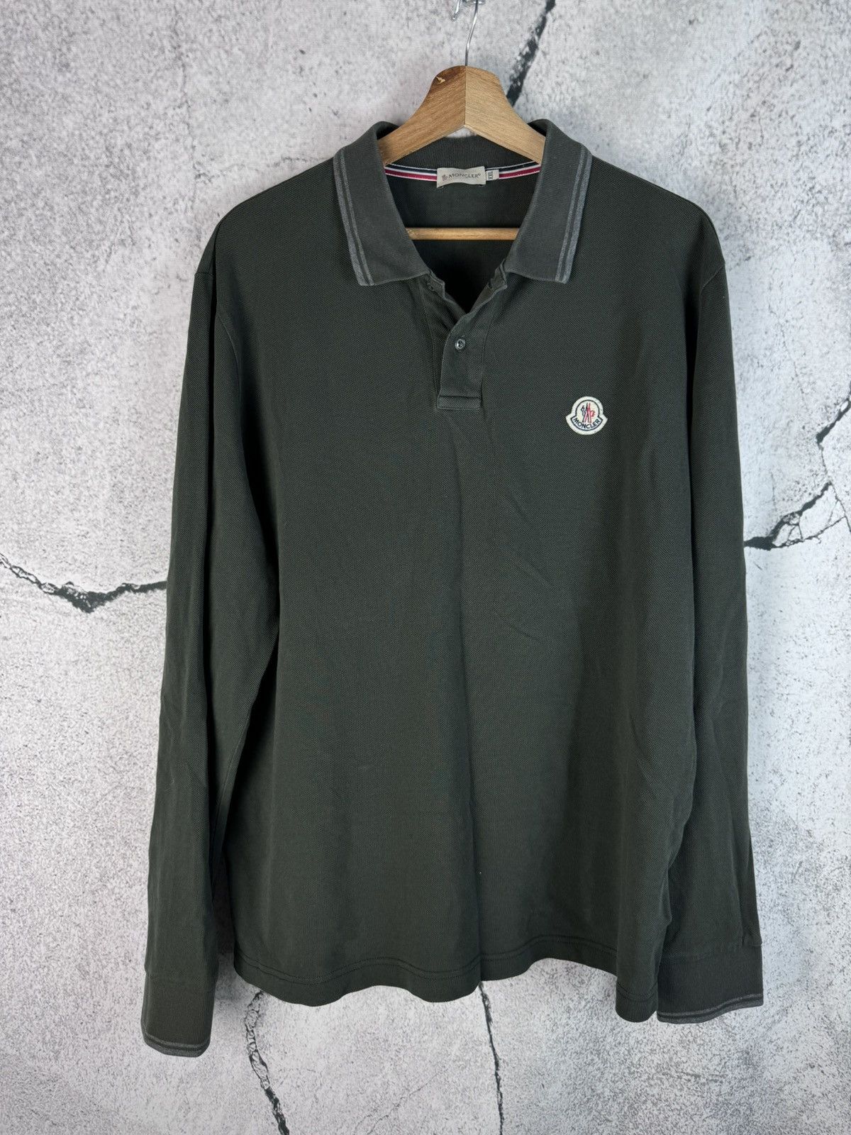 image of Y2K Moncler Patch Bell Logo Long Sleeve Polo Tee in Green Brown, Men's (Size 2XL)