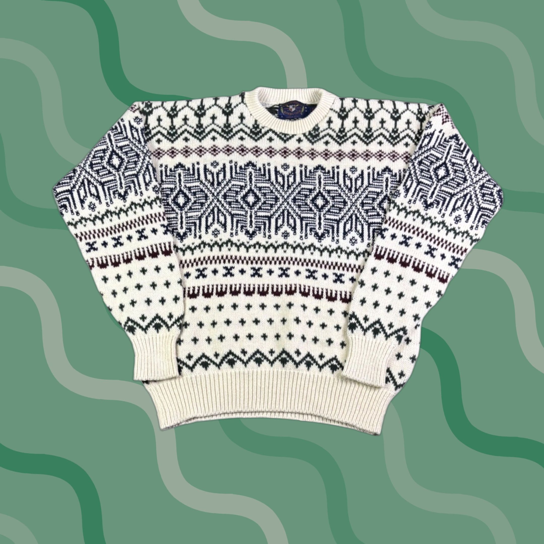 Harmony VINTAGE Lake Harmony Rowing Club Fair Isle Sweater Cream Navy Green Burgundy Size Large Men Crew Neck Knit Sweat er Pullover Winter Fall Size US L / EU 52-54 / 3 - 1 Thumbnail