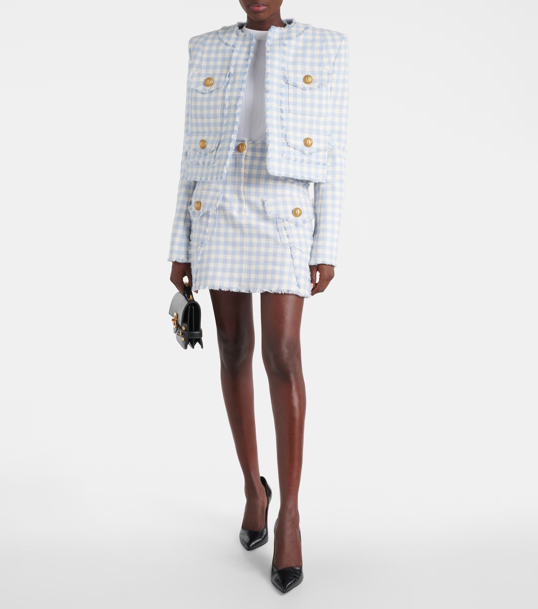 Balmain o1w1db10624 Collarless Vichy Jacket in White Size M / US 6-8 / IT 42-44 - 2 Thumbnail