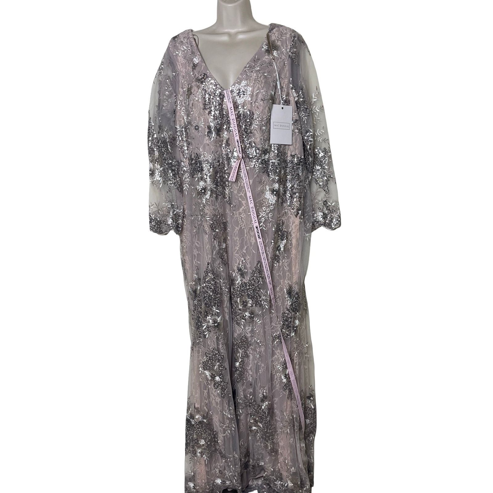 Other MAC DUGGAL Beige V Neck Mesh Long Sleeve Embroidered Gown Size XXL / US 16-18 / IT 52-54 - 2 Thumbnail
