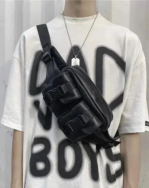 Y2K Side Shoulder Belt Fanny Pack Sling Bag Military in Black, Men's