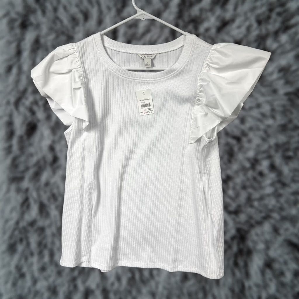Vintage Cato Blouse L White Crew Neck Flutter Sleeve Ruffle Solid Ribbed Jersey Knit Lightweight Casual Summer Women’s Vintage NWT Size L / US 10 / IT 46 - 1 Thumbnail