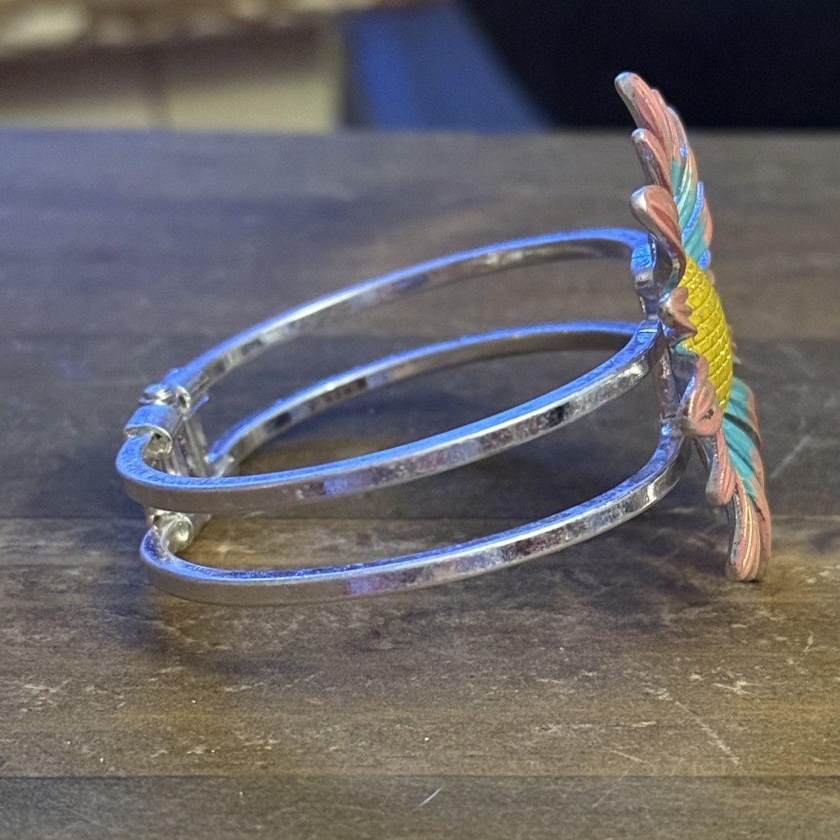 Other Silver tone pink and turquoise sunflower clamper bracelet Size ONE SIZE - 5 Thumbnail