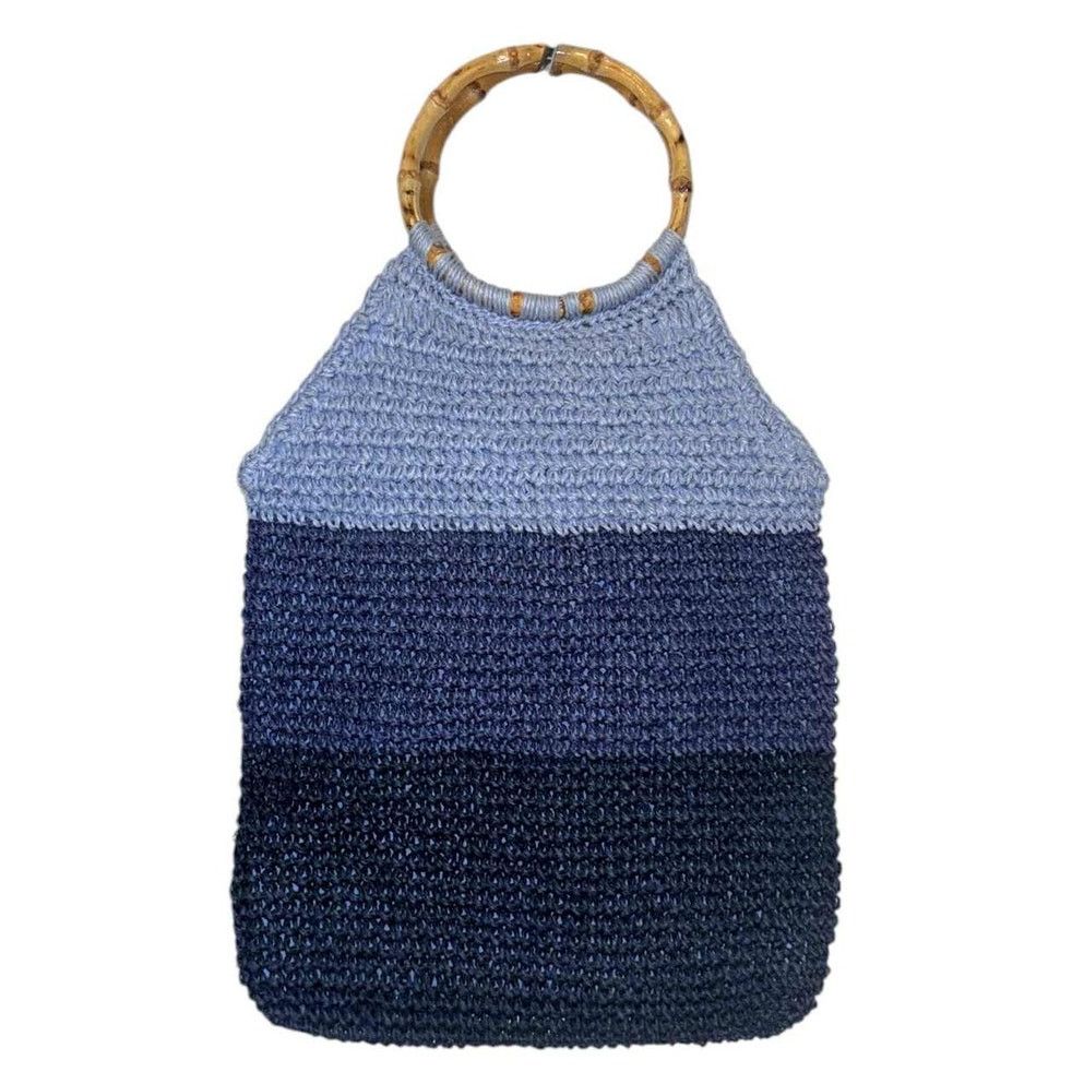Other VINTAGE Crochet Bag Blue Ombre Bamboo Handle Boho Tote Purse Size ONE SIZE - 1 Thumbnail