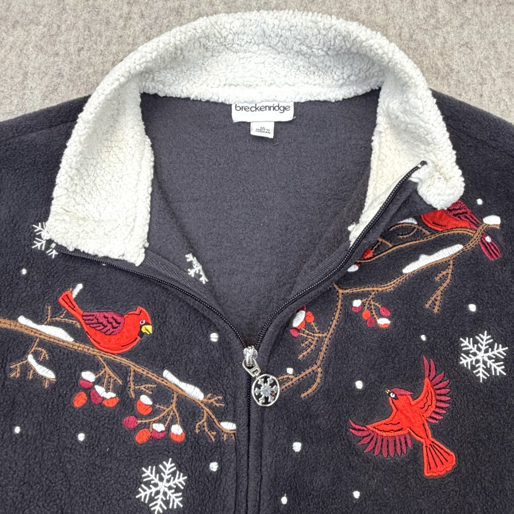 Vintage Breckenridge Jacket XL Gray Fleece Embroidered Cardinal Holiday Zip Womens Size XL / US 12-14 / IT 48-50 - 7 Thumbnail