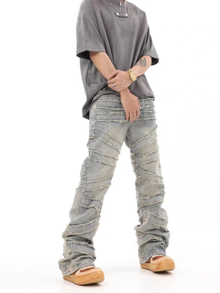 High street fringed raw edge ruined micro-flared jeans
