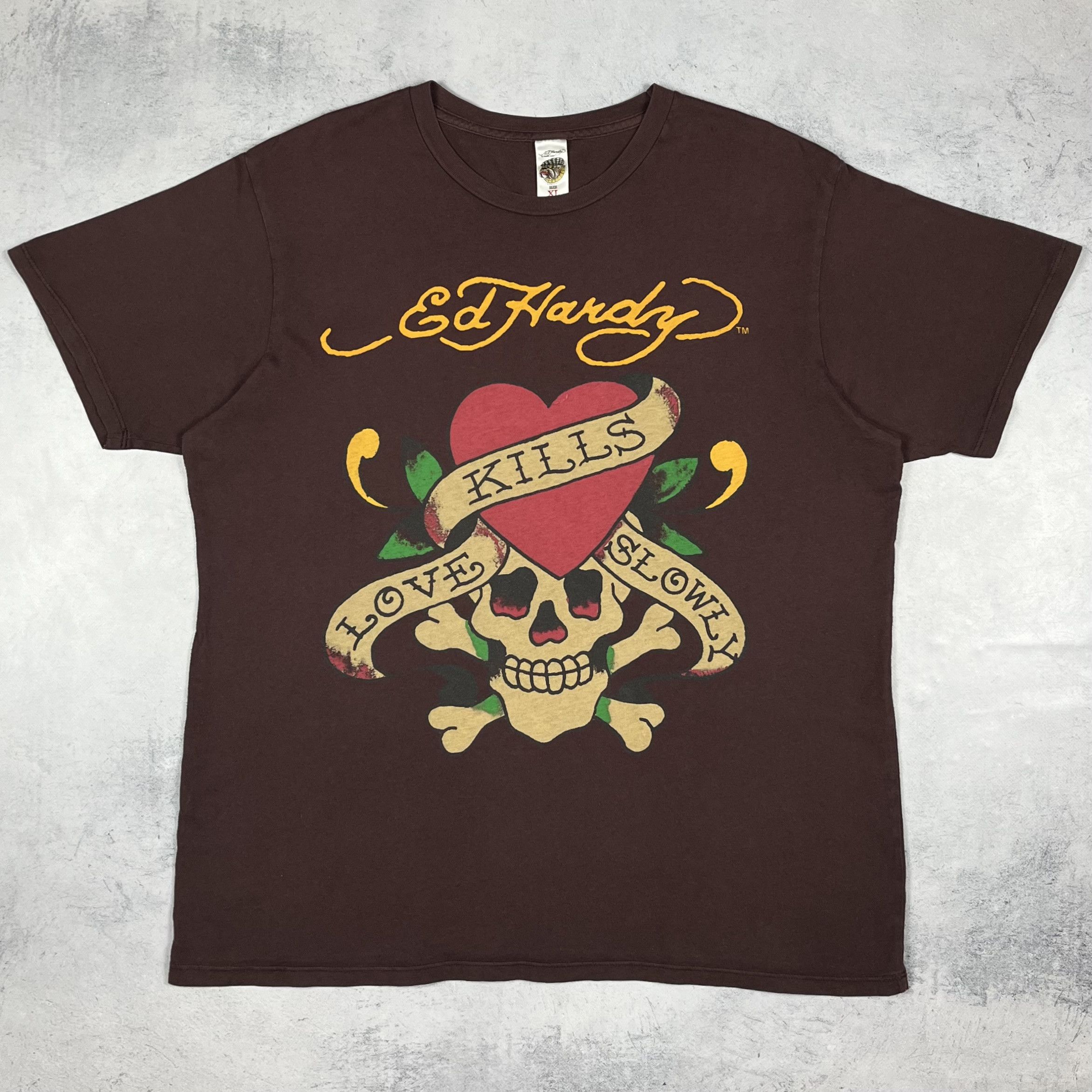 Ed Hardy Vintage Ed Hardy Y2K Skulls Big Logo Brown T Shirt 00’s Size US XL / EU 56 / 4 - 2 Thumbnail