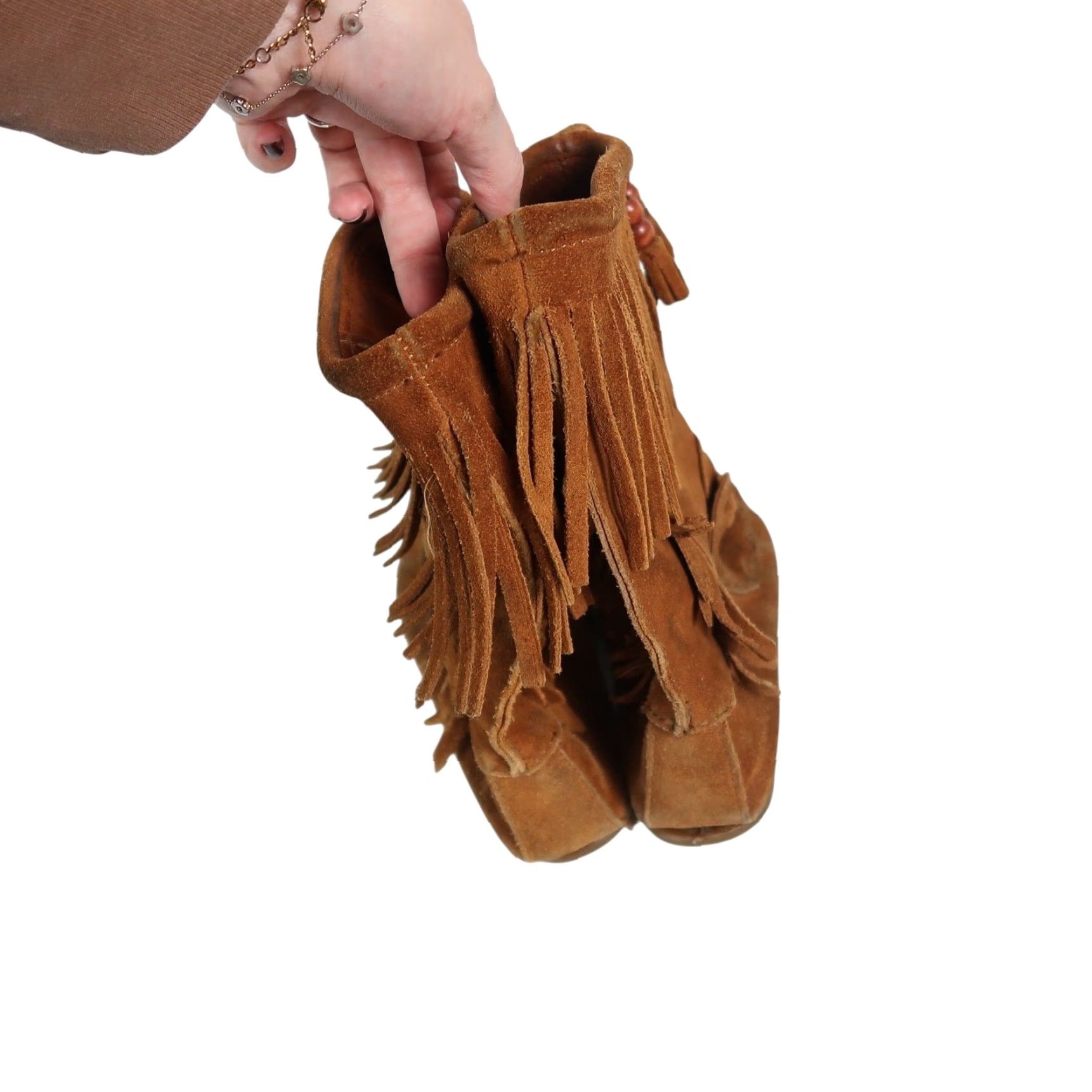 Minnetonka VINTAGE Minnetonka Suede Leather Fringe Boots Mid Calf Cognac Brown 8 Women Western Bohemian Moccasin Size US 8 / IT 38 - 4 Thumbnail