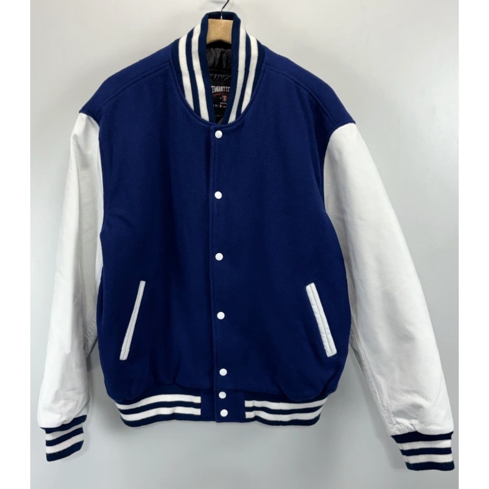 Vintage VINTAGE Stewart & Strauss Varsity Jacket Leather 2XL Blue White Wool Blend Short Snap Mens Size US XXL / EU 58 / 5 - 2 Thumbnail