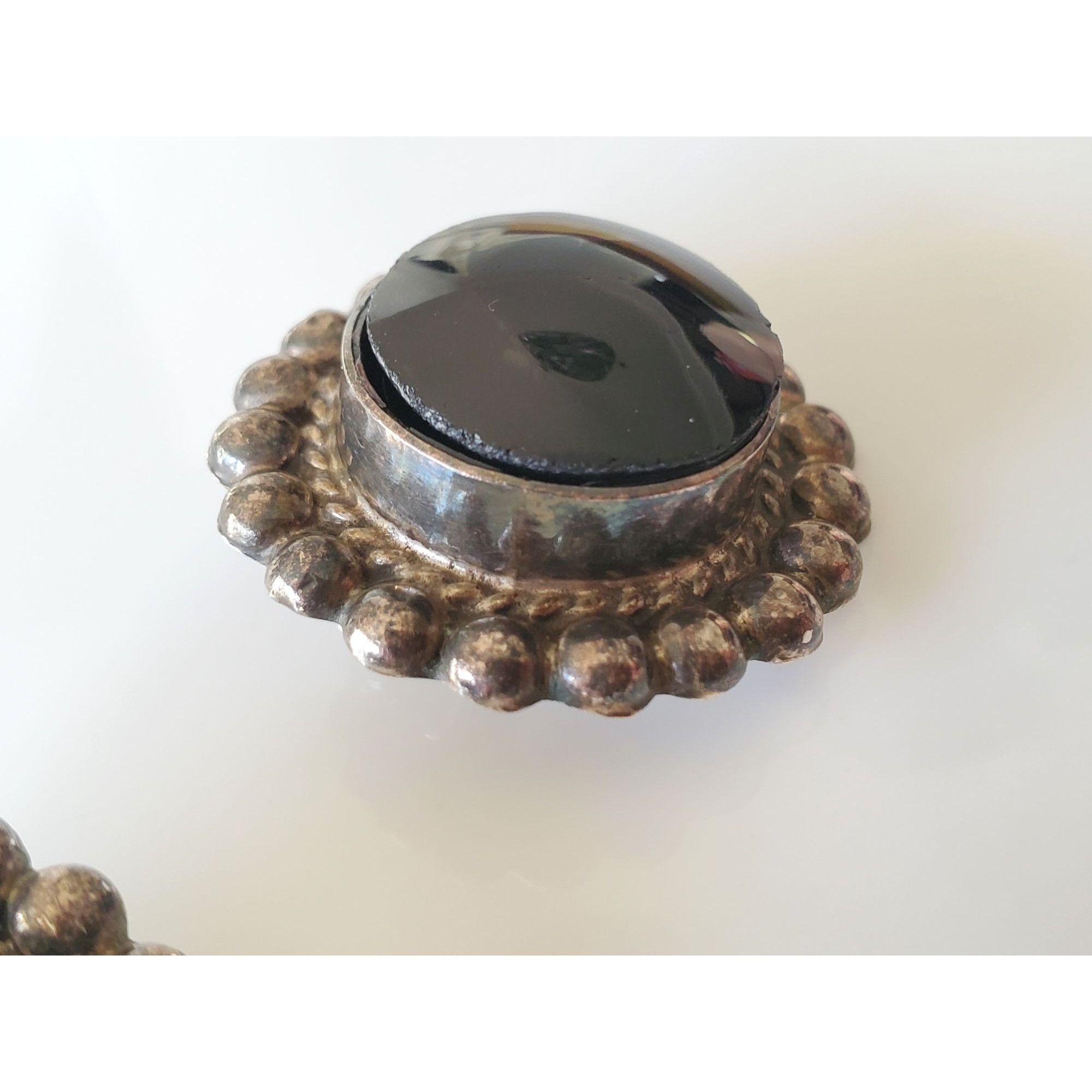 Vintage Vintage Large Sterling Silver Mexico Onyx Clip On Earrings P Size ONE SIZE - 4 Thumbnail