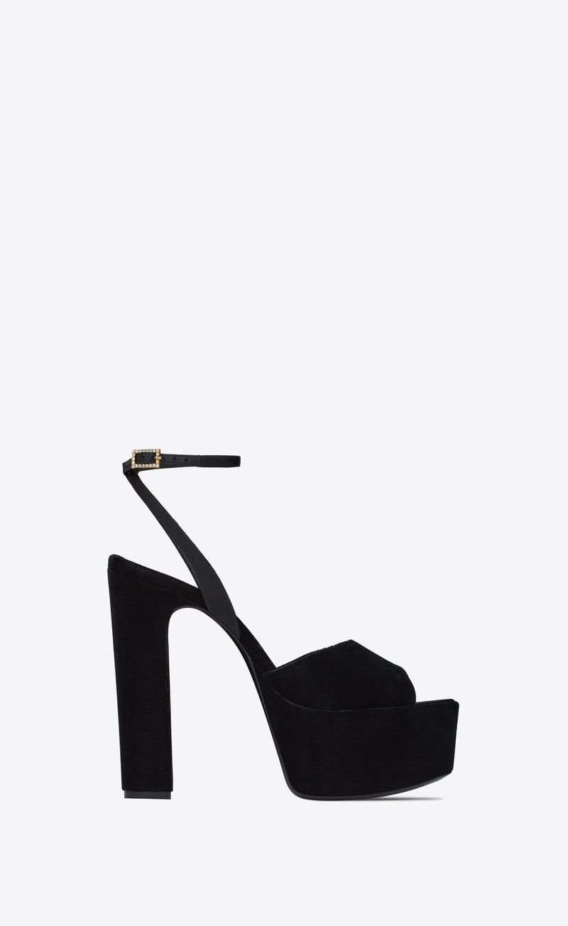 Saint Laurent Paris o1bcso1str0226 Jodie Platform Sandals In Velvet in Black Size US 8.5 / IT 38.5 - 1 Thumbnail