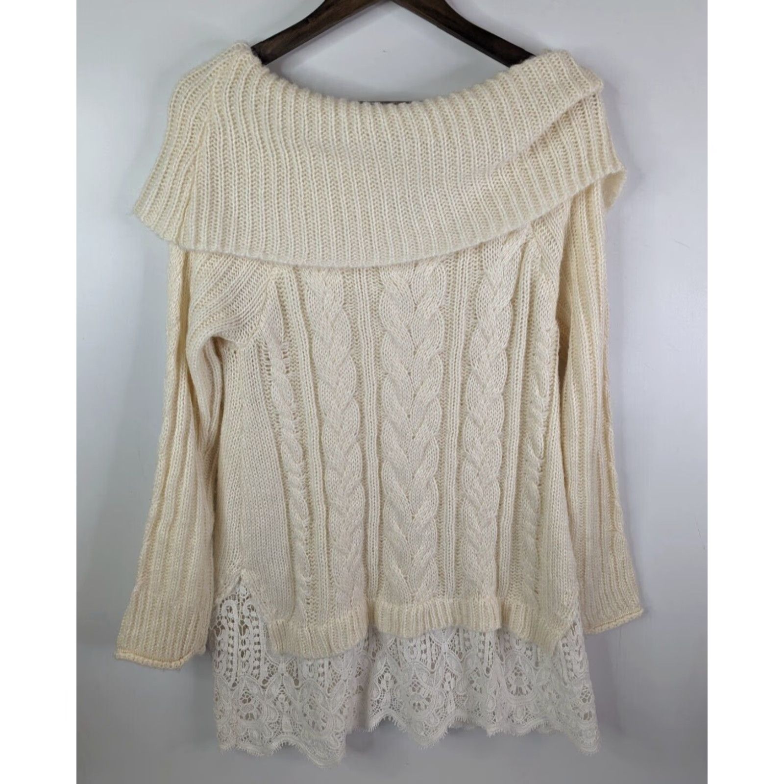 Vintage VINTAGE Knox Rose Cream Cable Knit Off the Shoulder Lace Trim Cowl Women Sweater Large Size L / US 10 / IT 46 - 5 Thumbnail