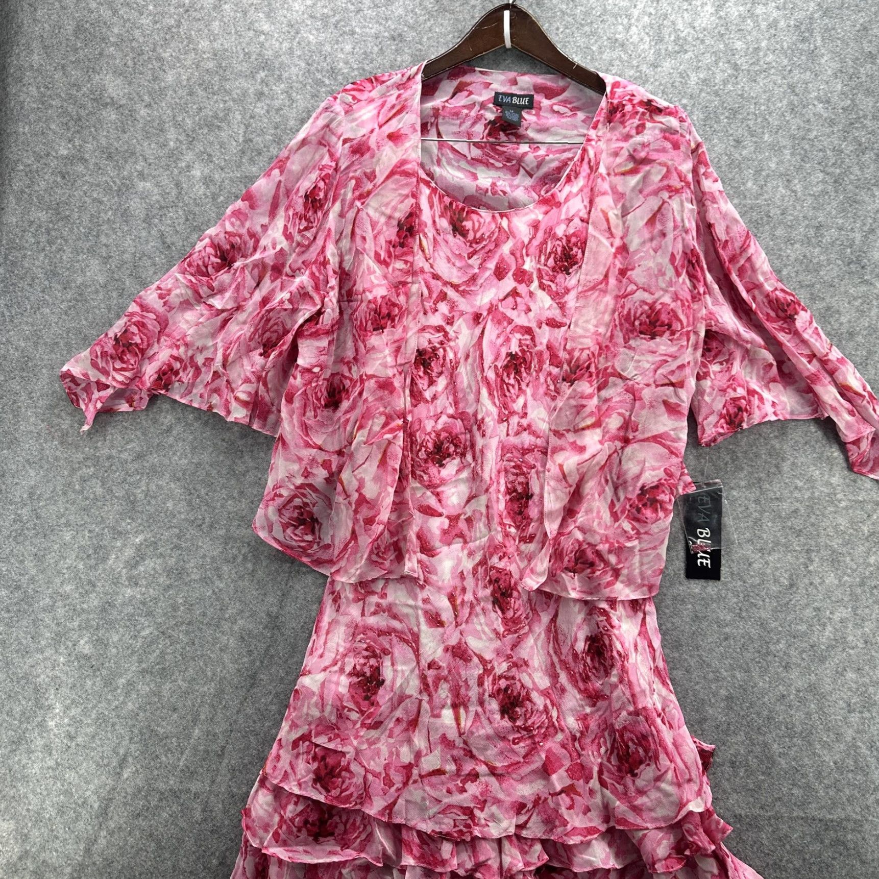 Vintage VINTAGE y2k Eva Blue Dress Jacket Set Womens 14 Pink Floral Ruffle Tiered Beaded Size XL / US 12-14 / IT 48-50 - 3 Thumbnail