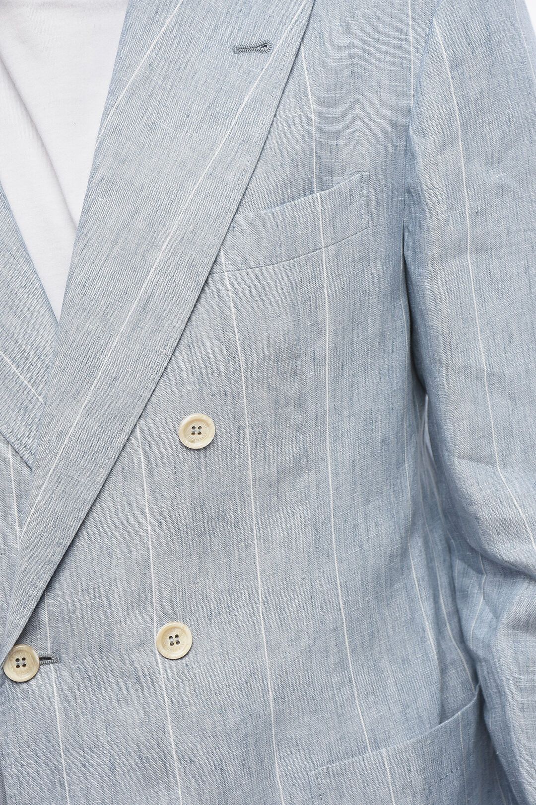 Brunello Cucinelli og1mm0725 Double-breasted Pinstriped Linen Blazer Light Blue Size US M / EU 48-50 / 2 - 3 Thumbnail