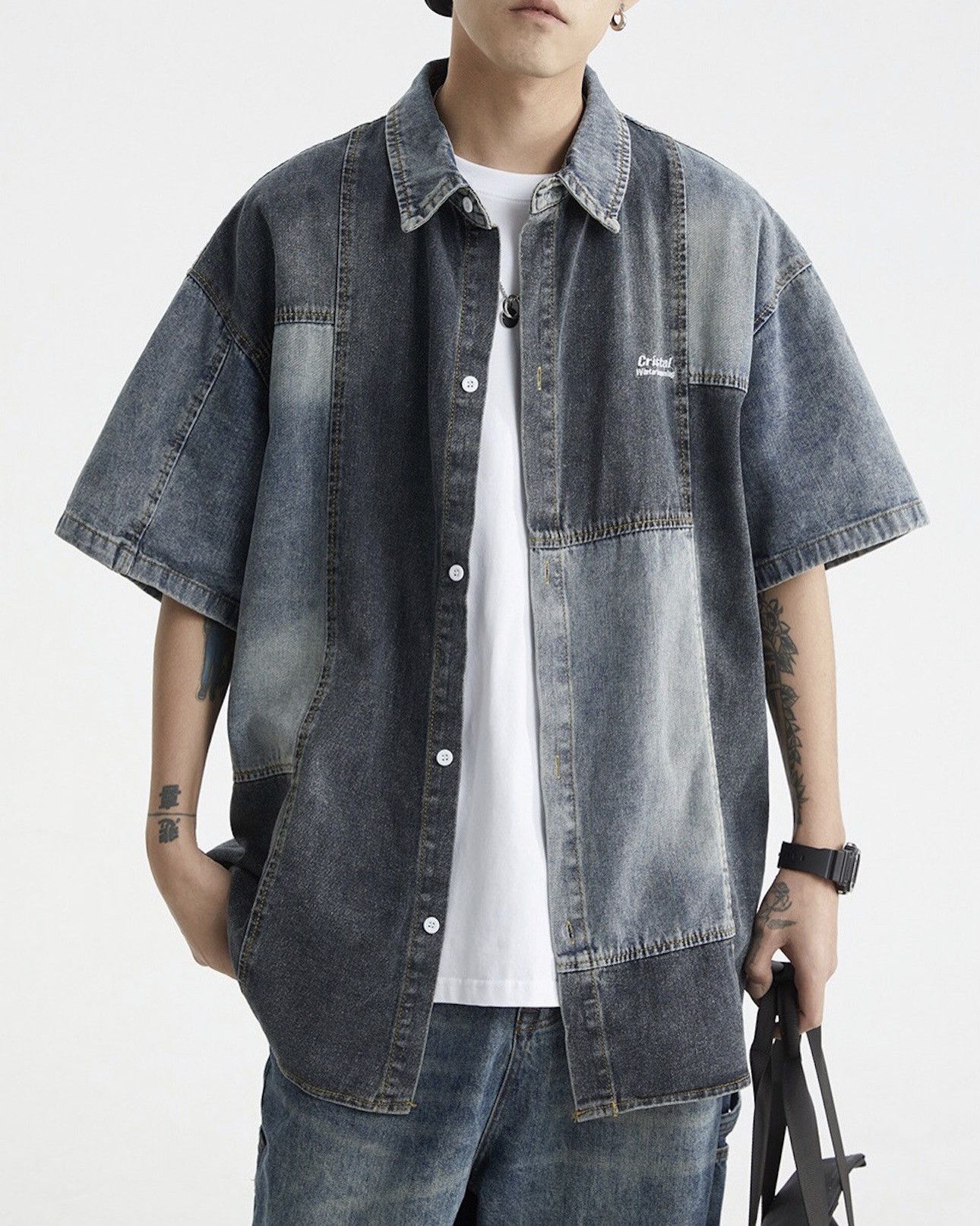Japanese Brand × Vintage Retro y2k patchwork denim short sleeve shirt hip hop Size US L / EU 52-54 / 3 - 1 Thumbnail