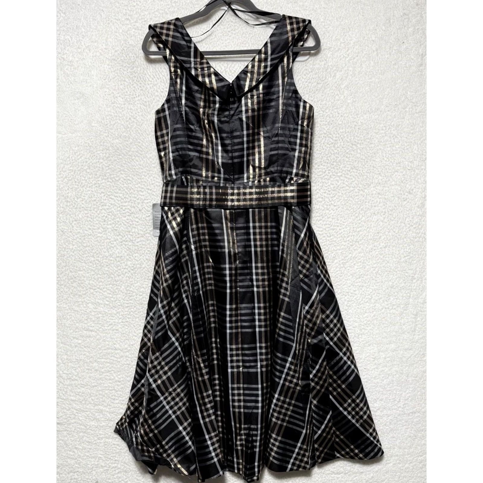 Vintage VINTAGE 1901 Belted Plaid Midi Dress Women’s Size 12 NWT Black Gold Sleeveless V-Neck Zip Party Cocktail Spring Summer Belted Women Size XL / US 12-14 / IT 48-50 - 2 Thumbnail
