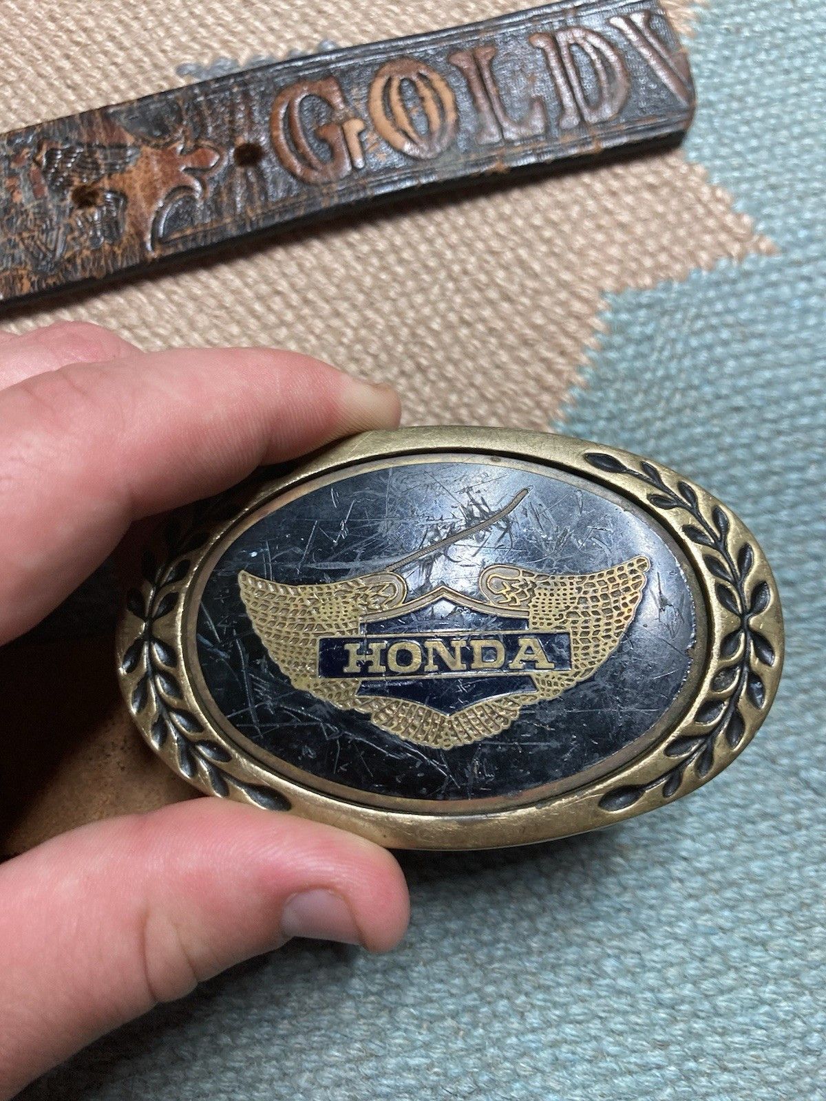 Vintage Honda gold wing leather belt heritage buckle brass patina Size 34 - 5 Thumbnail