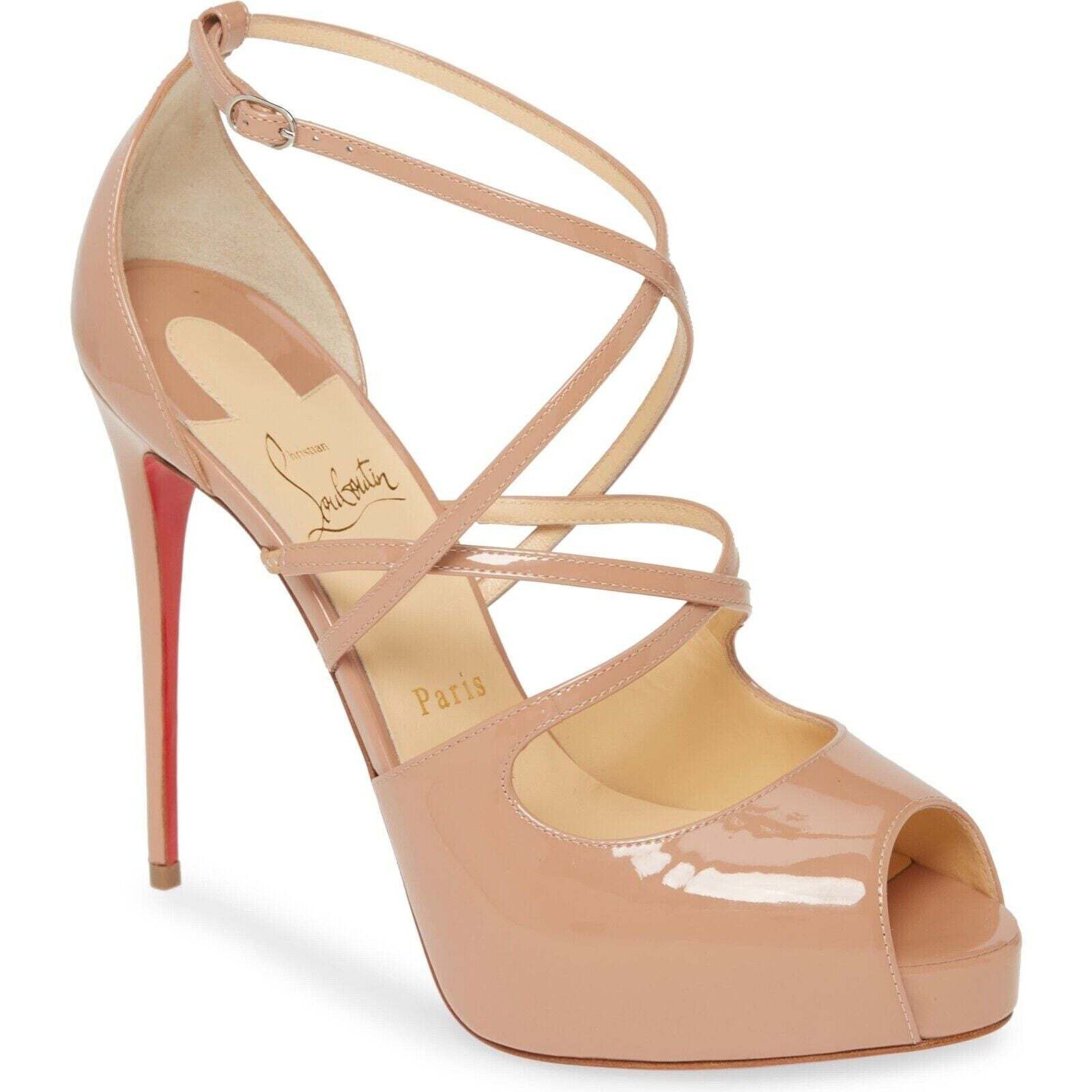 Christian Louboutin Holly Alta 120 Nude Patent Cross Strap Sandal Heel Pump 42 Size US 12 / IT 42 - 1 Thumbnail