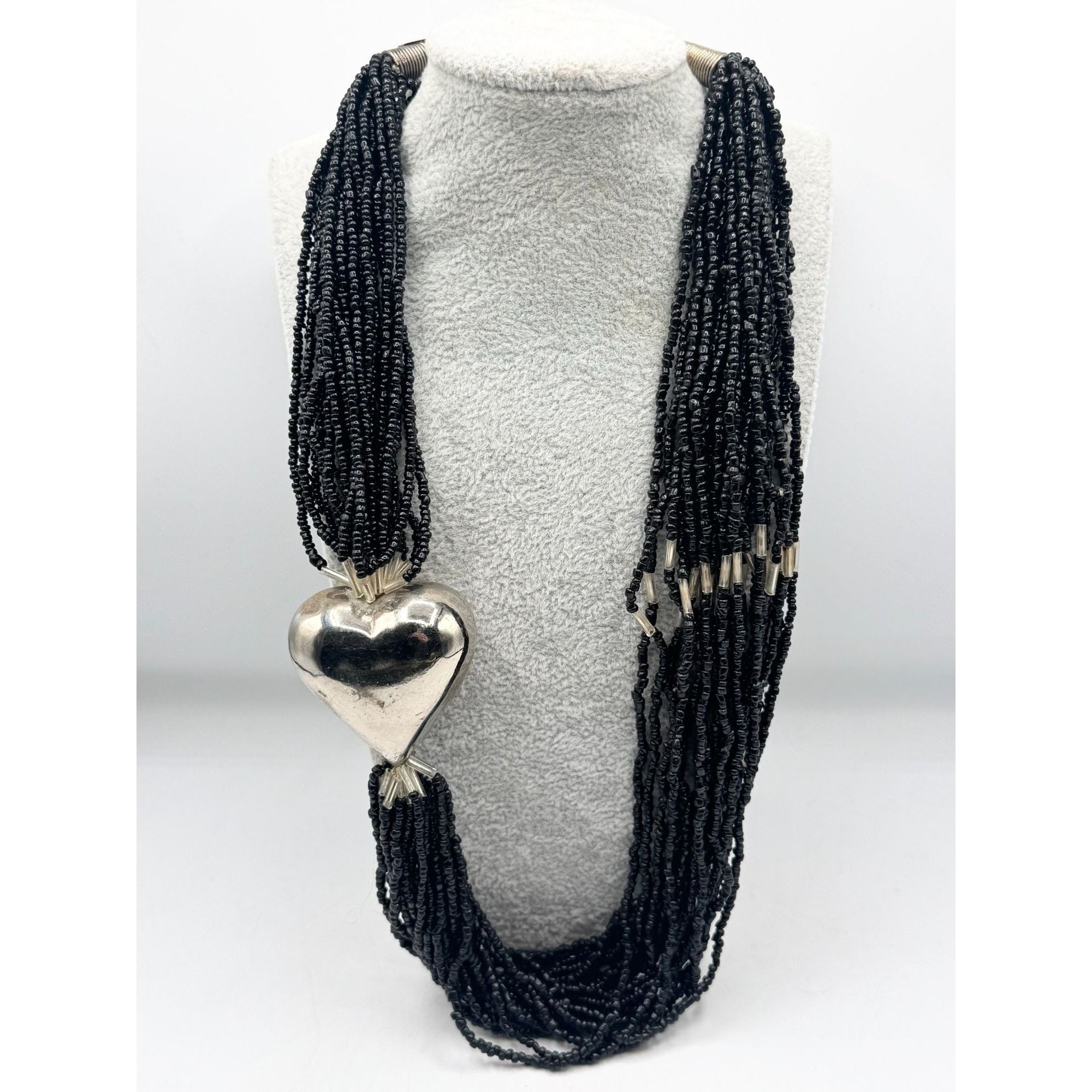 Vintage Made in India Silver Puffy Heart Multi Strand beaded Necklac Size ONE SIZE - 4 Thumbnail