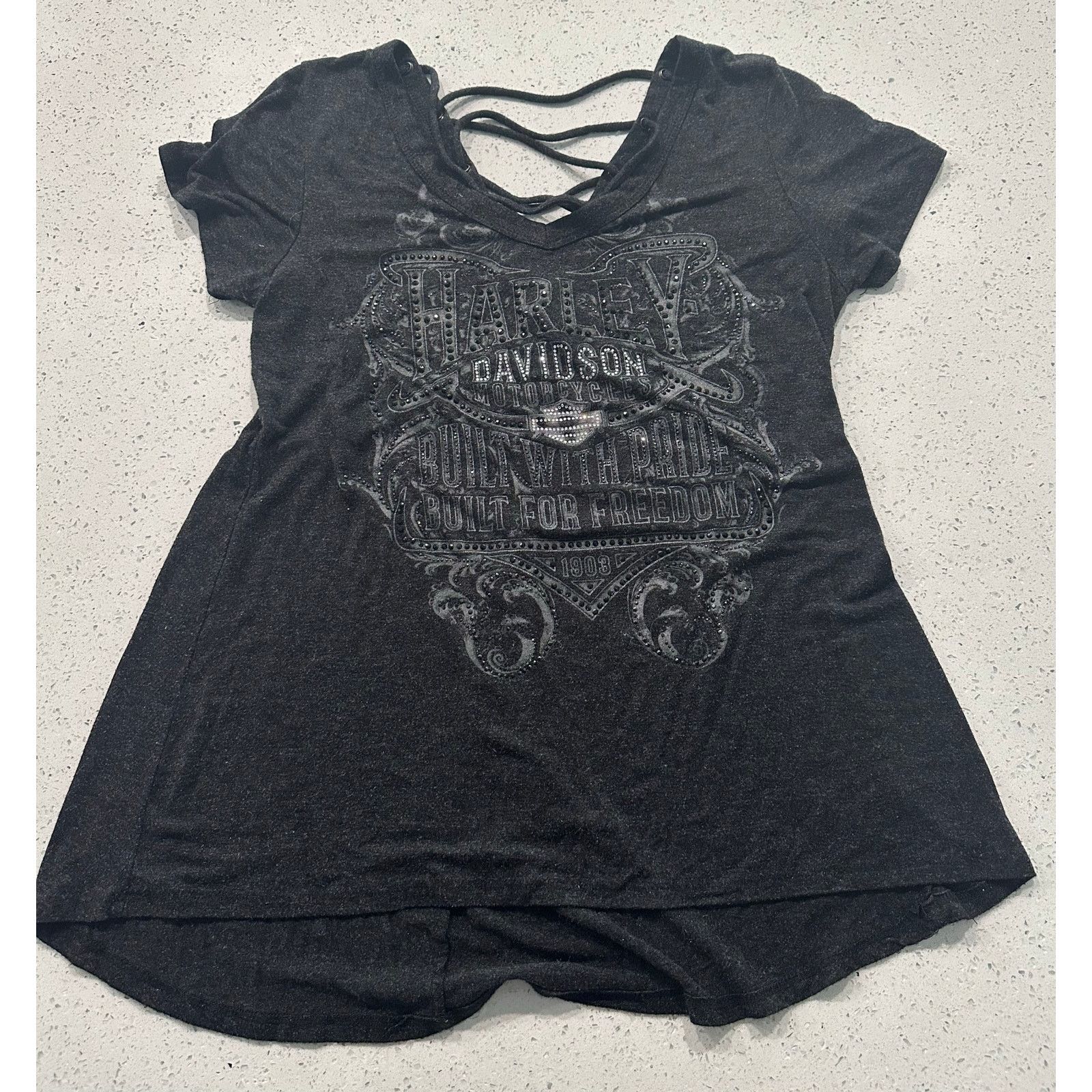 Harley Davidson Harley Davidson Short Sleeve Top Gray Stretch Rhinestone Size L / US 10 / IT 46 - 1 Thumbnail