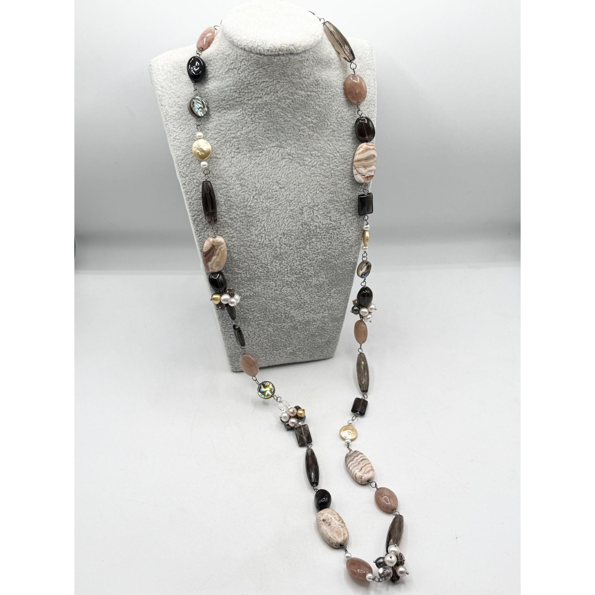Vintage Genuine Pearl Agate Smokey Quartz Abalone Shell & MOP Long B Size ONE SIZE - 4 Thumbnail