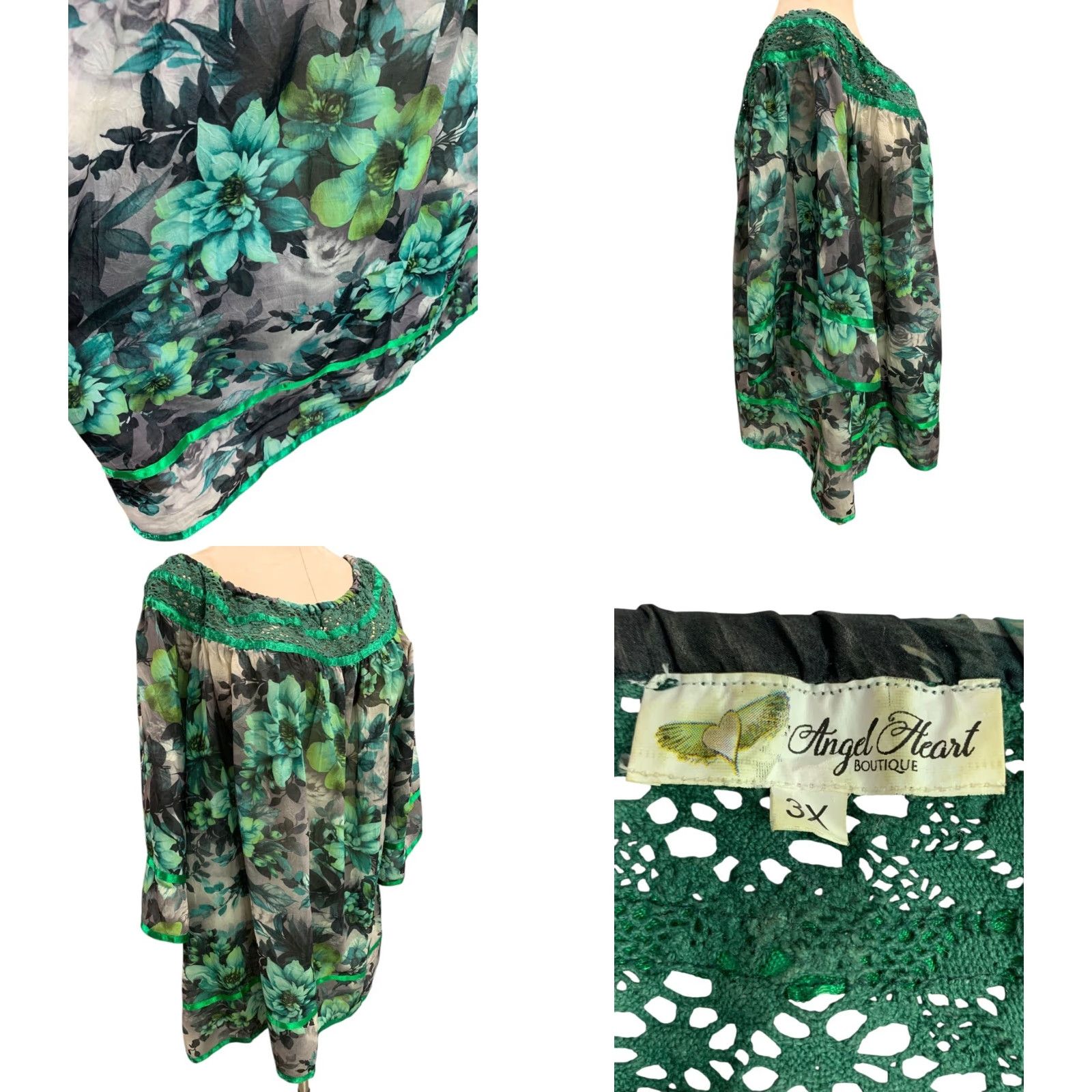 Vintage Angel Heart Boutique Womens Blouse Adult 3X Green Sheer Off Shoulder Size XXL / US 16-18 / IT 52-54 - 8 Thumbnail