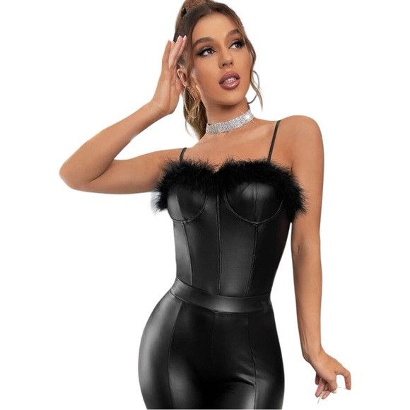 Other Women Black Fuzzy Trim Bustier Cami Bodysuit Size M / US 6-8 / IT 42-44 - 4 Thumbnail