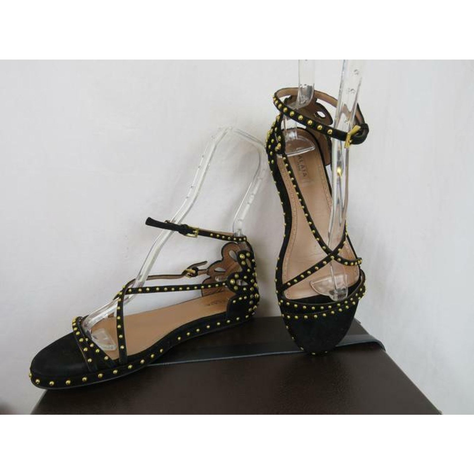 Alaia NEW ALAIA BLACK SUEDE CRISSCROSS GOLD STUDS SANDALS 36.5 Size US 6.5 / IT 36.5 - 2 Thumbnail