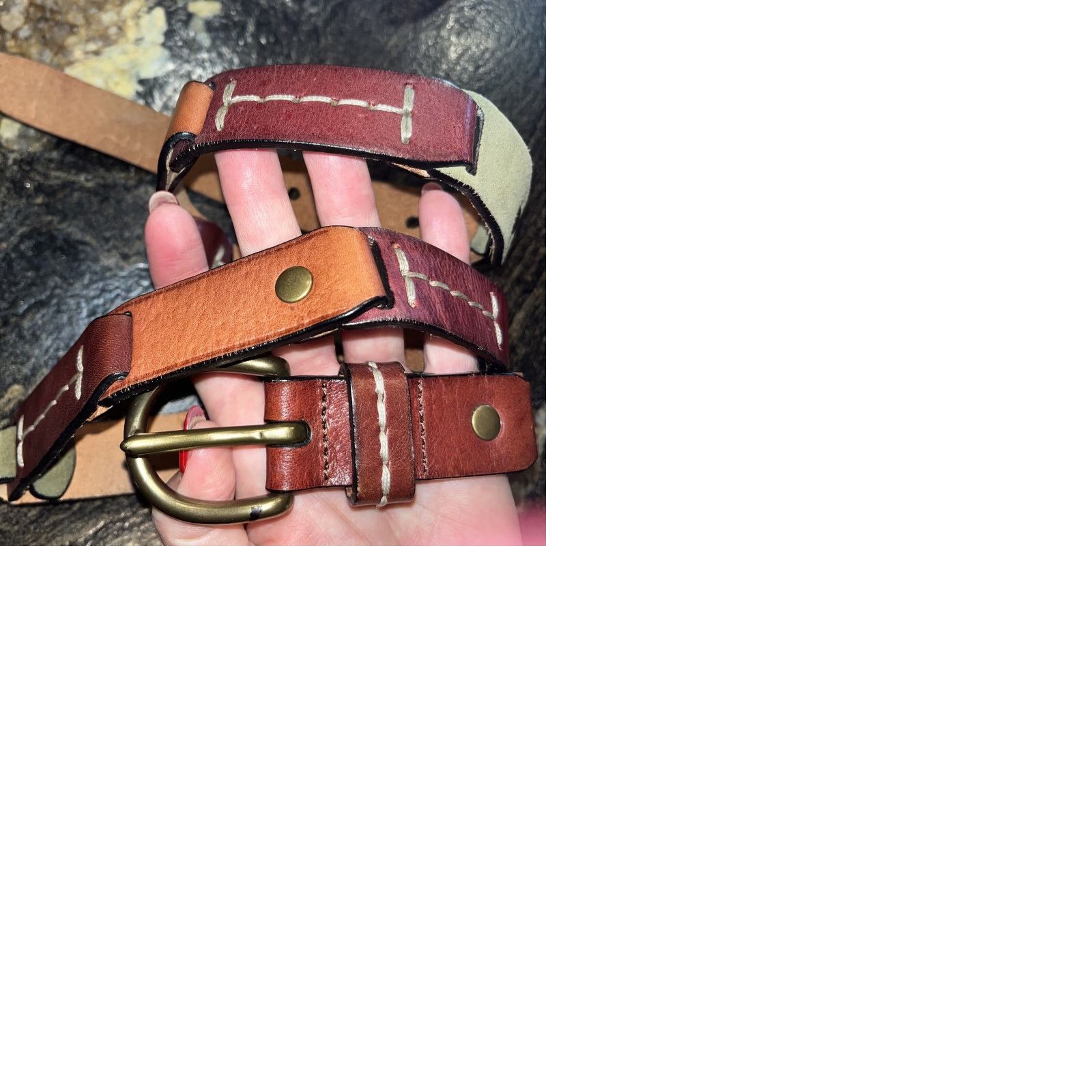Fossil Fossil Belt Boho Leather Strap Chain Link Copper Buckle Festival 35-39” Tan Olive Size ONE SIZE - 10 Thumbnail