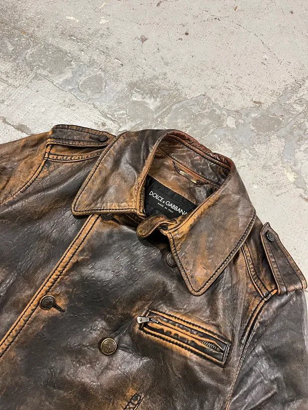 Dolce & Gabbana AW2001 Dolce & Gabbana Brown Eroded Leather Officer Buttoned Jacket Size US M / EU 48-50 / 2 - 4 Thumbnail